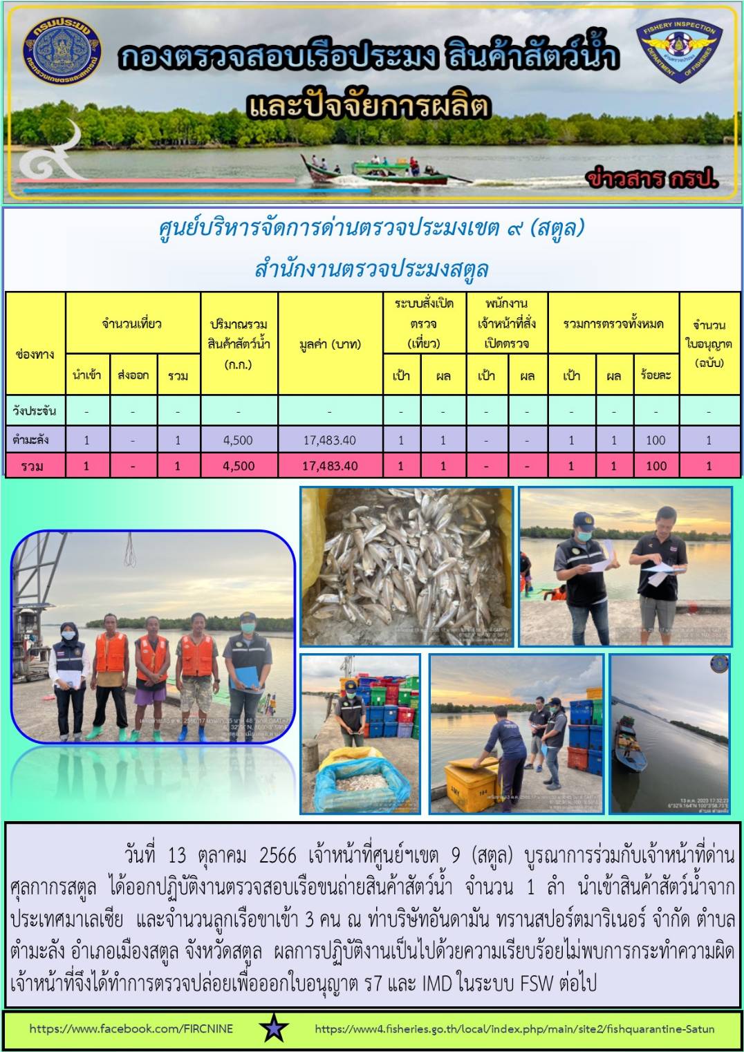 ประชาสัมพันธ์การปฏิบัติงานศูนย์บริหารจัดการด่านตรวจประมงเขต 9 (สตูล) ประจำวันที่ 11-15 ตุลาคม 2566..คลิก