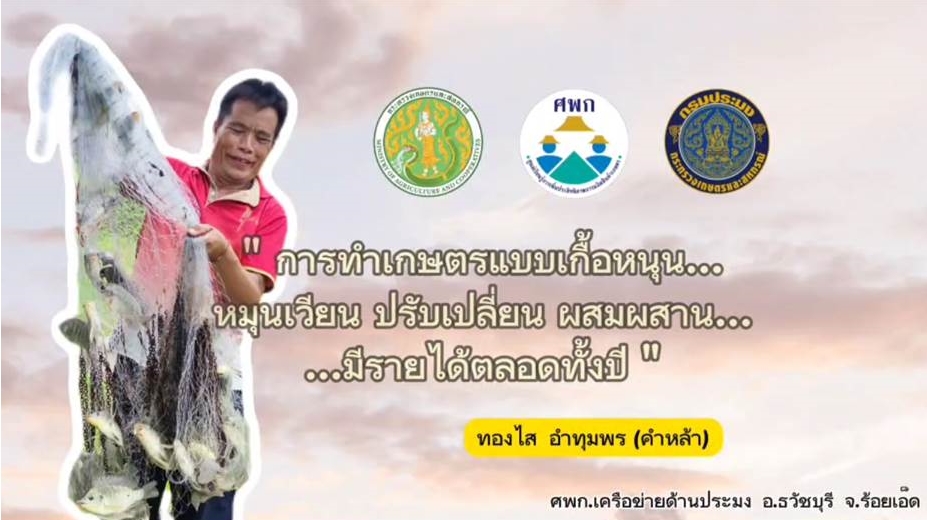 ศพก.เครือข่าย ด้านการประมง อ.ธวัชบุรี จ.ร้อยเอ็ด  “การทำเกษตรแบบเกื้อหนุน หมุนเวียน ปรับเปลี่ยน ผสมผสาน...มีรายได้ตลอดทั้งปี” เลี้ยงปลานิลกับปลาตะเพียน