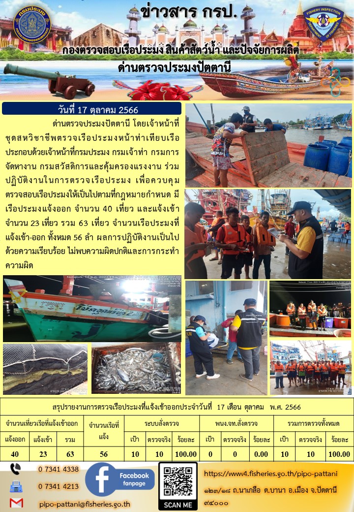 ข่าวสารการปฏิบัติงาน ด่านตรวจประมงปัตตานี วันที่ 17 ตุลาคม 2566..คลิก