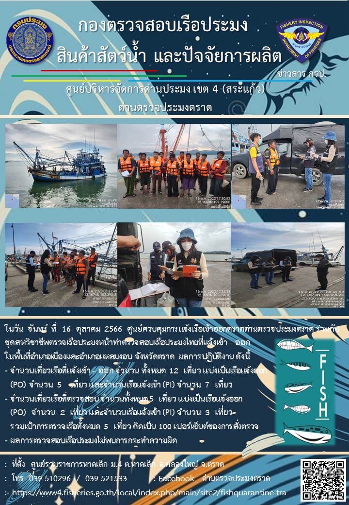 ผลการปฏิบัติงานของศูนย์ควบคุมการแจ้งเรือเข้าออกตราด ด่านตรวจประมงตราด ประจำวันที่ 16 ตุลาคม 2566..คลิก