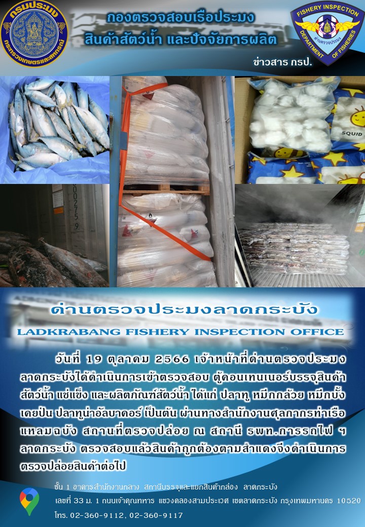 ตรวจสอบสินค้าสัตว์น้ำนำเข้าประจำวันที่ 19 ตุลาคม พ.ศ.2566..คลิก
