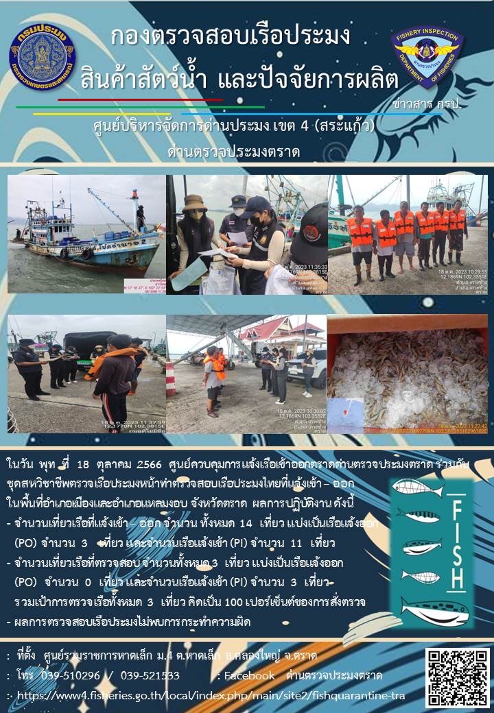 ผลการปฏิบัติงานของศูนย์ควบคุมการแจ้งเรือเข้าออกตราด ด่านตรวจประมงตราด ประจำวันที่ 18 ตุลาคม 2566..คลิก