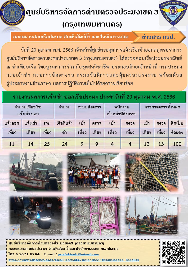 ประชาสัมพันธ์ศูนย์บริหารจัดการด่านตรวจประมงเขต 3 (กรุงเทพมหานคร) ประจำวันที่ 21 ตุลาคม 2566..คลิก