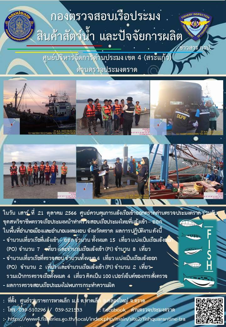 ผลการปฏิบัติงานของศูนย์ควบคุมการแจ้งเรือเข้าออกตราด ด่านตรวจประมงตราด ประจำวันที่ 21 ตุลาคม 2566..คลิก