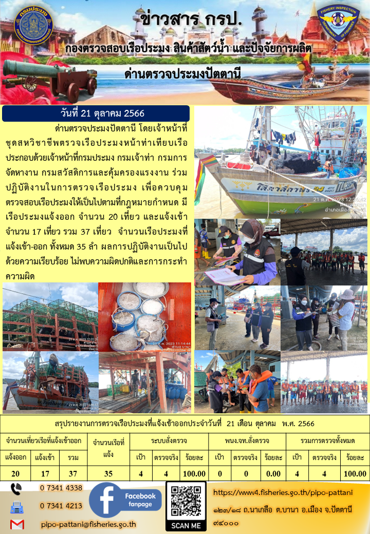 ข่าวสารการปฏิบัติงาน ด่านตรวจประมงปัตตานี วันที่ 21 ตุลาคม 2566..คลิก