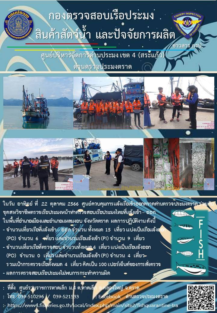 ผลการปฏิบัติงานของศูนย์ควบคุมการแจ้งเรือเข้าออกตราด ด่านตรวจประมงตราด ประจำวันที่ 22 ตุลาคม 2566..คลิก