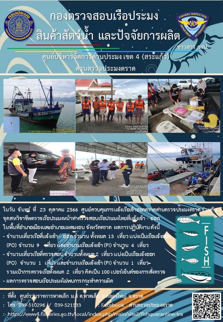 ผลการปฏิบัติงานของศูนย์ควบคุมการแจ้งเรือเข้าออกตราด ด่านตรวจประมงตราด ประจำวันที่ 23 ตุลาคม 2566..คลิก