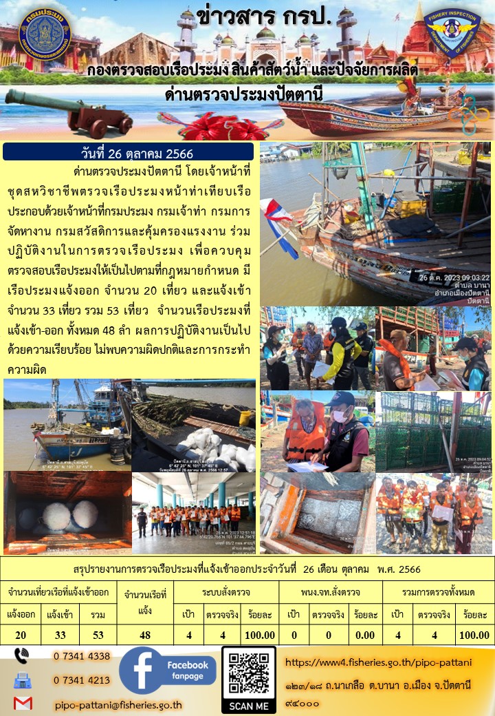 ข่าวสารการปฏิบัติงาน ด่านตรวจประมงปัตตานี วันที่ 26 ตุลาคม 2566..คลิก