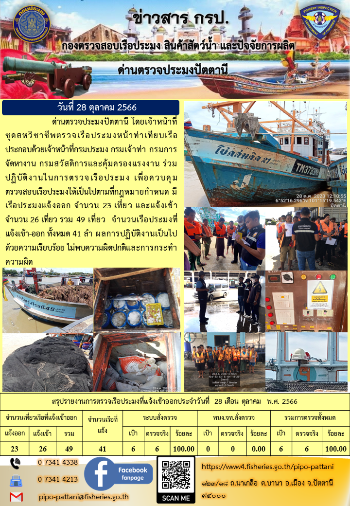 ข่าวสารการปฏิบัติงาน ด่านตรวจประมงปัตตานี วันที่ 28 ตุลาคม 2566..คลิก