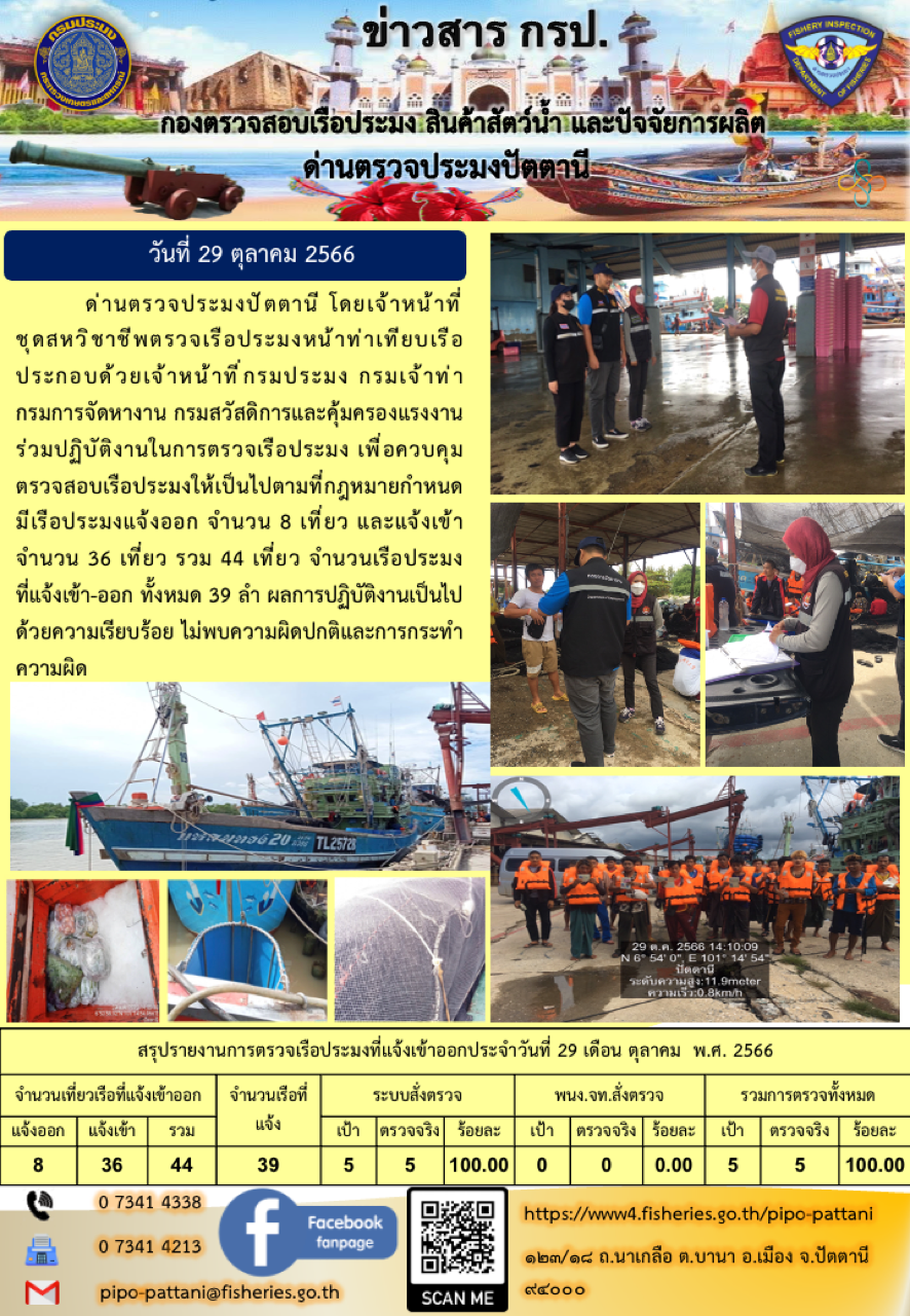 ข่าวสารการปฏิบัติงาน ด่านตรวจประมงปัตตานี วันที่ 29 ตุลาคม 2566..คลิก
