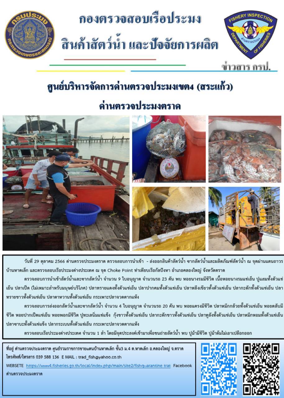 ผลการปฏิบัติงานส่วนงานควบคุมการนำเข้า - ส่งออกสัตว์น้ำ ซากสัตว์น้ำและผลิตภัณฑ์สัตว์น้ำ ด่านตรวจประมงตราด ประจำวันที่ 29 ตุลาคม 2566..คลิก
