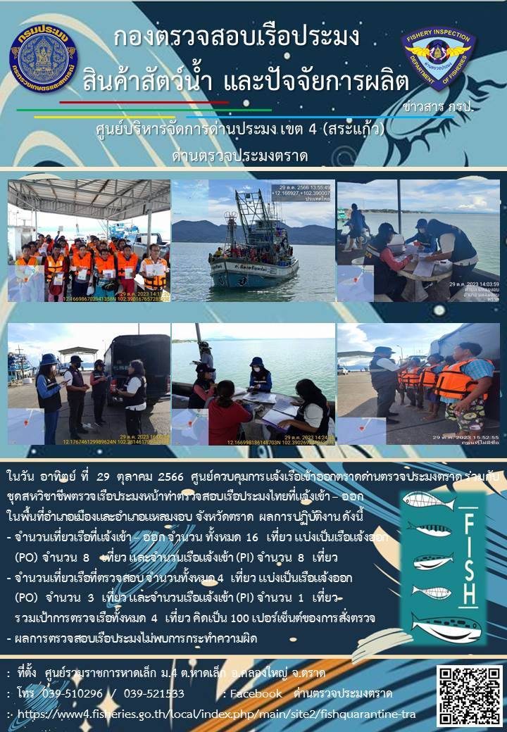 ผลการปฏิบัติงานของศูนย์ควบคุมการแจ้งเรือเข้าออกตราด ด่านตรวจประมงตราด ประจำวันที่ 29 ตุลาคม 2566..คลิก