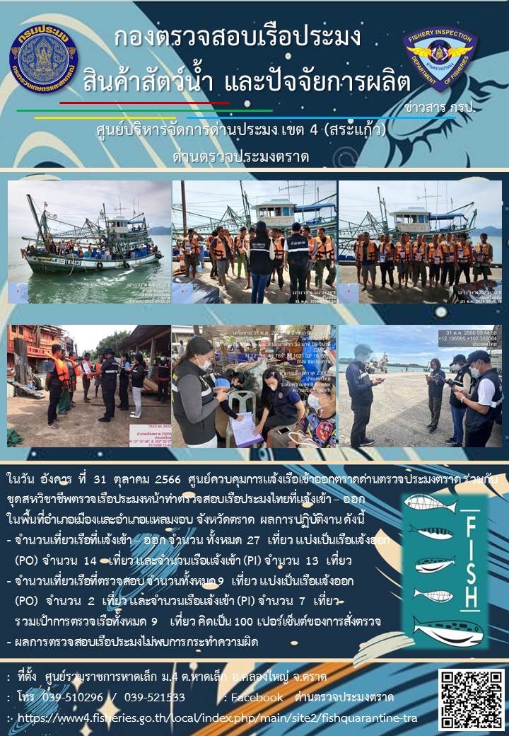 ผลการปฏิบัติงานของศูนย์ควบคุมการแจ้งเรือเข้าออกตราด ด่านตรวจประมงตราด ประจำวันที่ 31 ตุลาคม 2566..คลิก