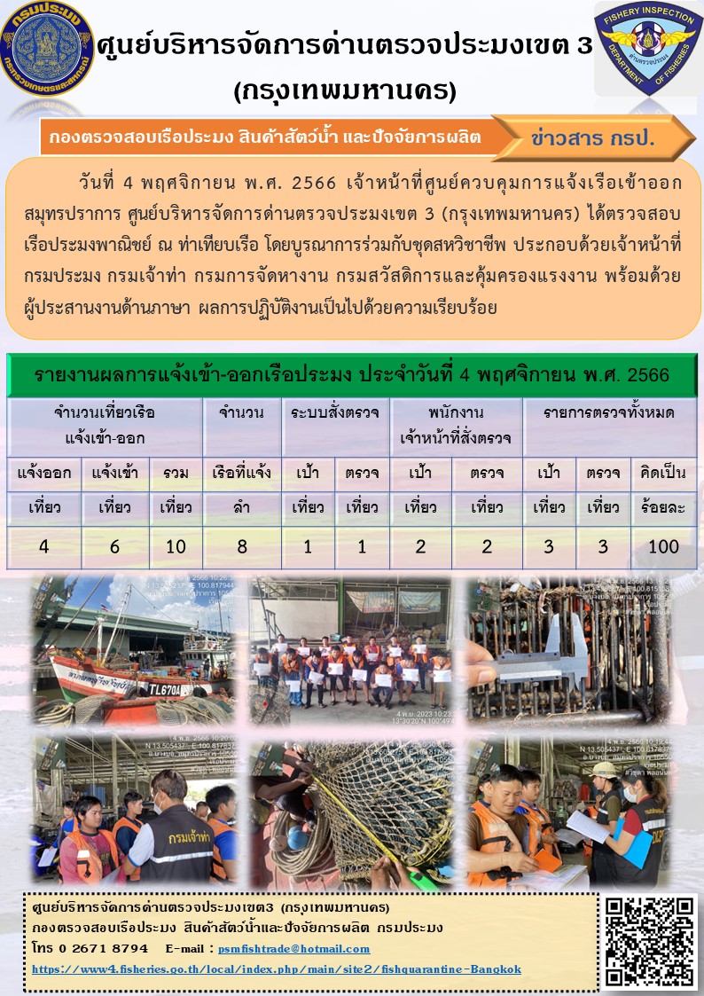 ประชาสัมพันธ์ศูนย์บริหารจัดการด่านตรวจประมงเขต 3 (กรุงเทพมหานคร) ประจำวันที่ 5 พฤศจิกายน 2566..คลิก