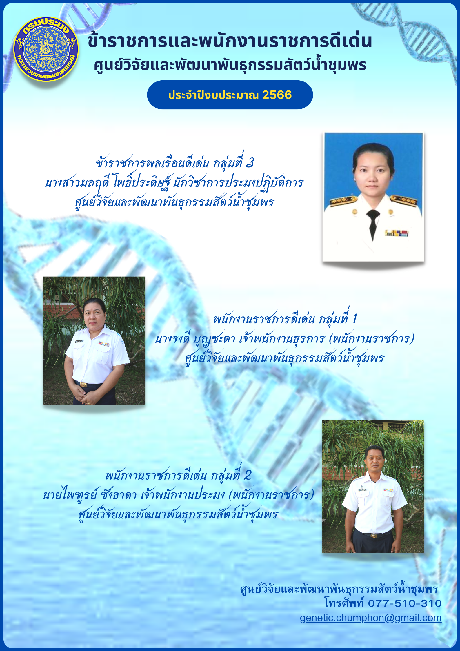 ข้าราชการ และพนักงานราชการดีเด่น ของศูนย์วิจัยเเละพัฒนาพันธุกรรมสัตว์น้ำชุมพร กองวิจัยและพัฒนาพันธุกรรมสัตว์น้ำ กรมประมง ประจำปี พ.ศ.2566..คลิก