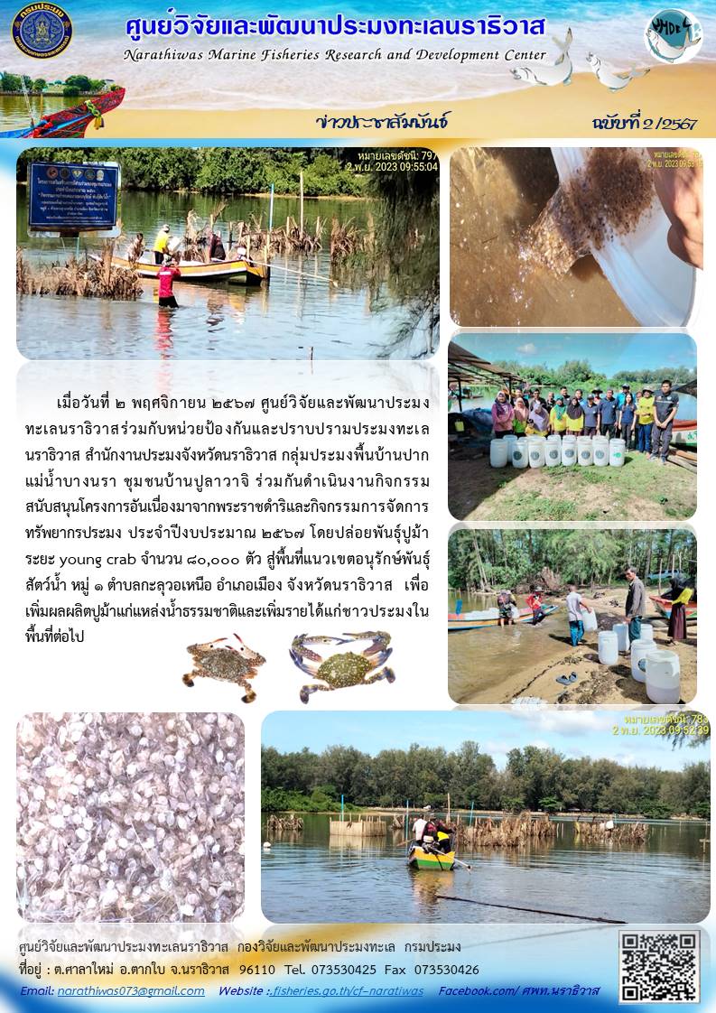การดำเนินงานกิจกรรมการจัดการทรัพยากรประมง ประจำปีงบประมาณ 2567..คลิก