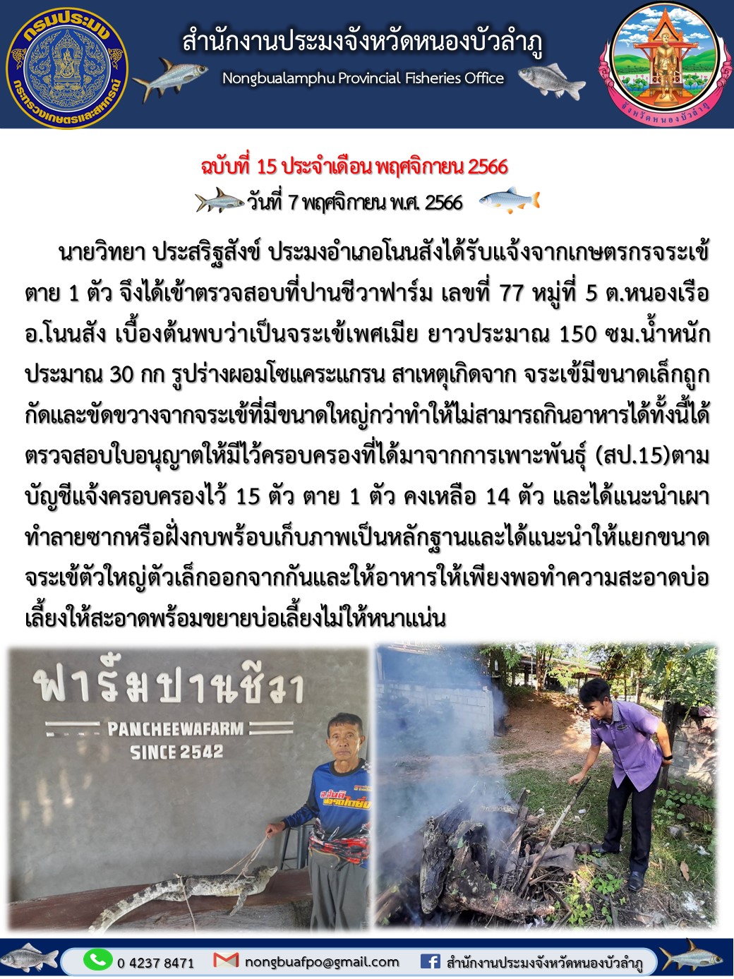 นายวิทยา ประสริฐสังข์ ประมงอำเภอโนนสังได้รับแจ้งจากเกษตรกรจระเข้ตาย 1 ตัว จึงได้เข้าตรวจสอบที่ปานชีวาฟาร์ม..คลิก
