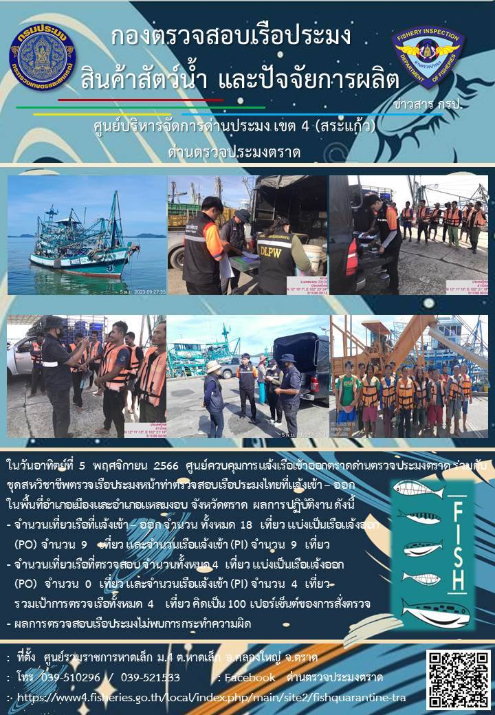ผลการปฏิบัติงานของศูนย์ควบคุมการแจ้งเรือเข้าออกตราด ด่านตรวจประมงตราด ประจำวันที่ 5 พฤศจิกายน 2566..คลิก
