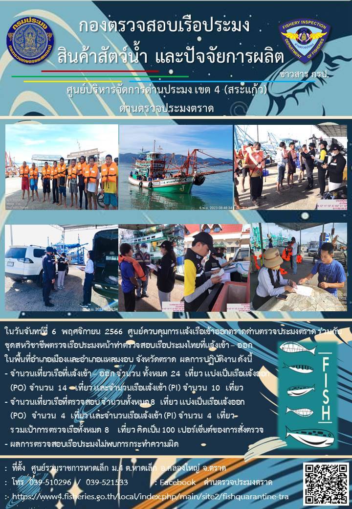 ผลการปฏิบัติงานของศูนย์ควบคุมการแจ้งเรือเข้าออกตราด ด่านตรวจประมงตราด ประจำวันที่ 6 พฤศจิกายน 2566..คลิก
