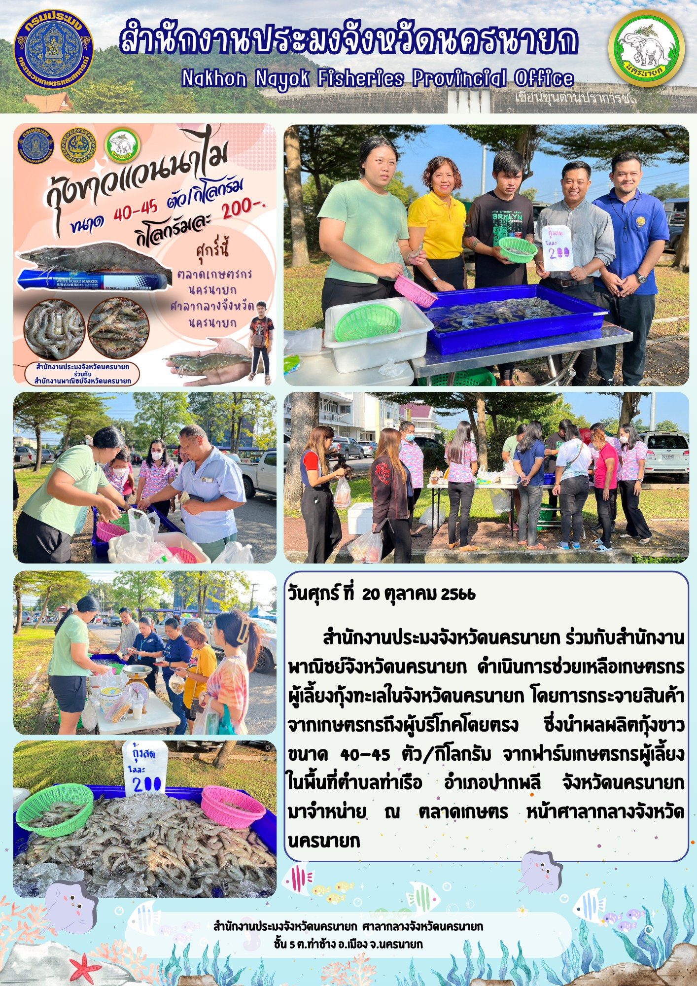 ดำเนินการช่วยเหลือเกษตรกรผู้เลี้ยงกุ้งทะเลในจังหวัดนครนายก