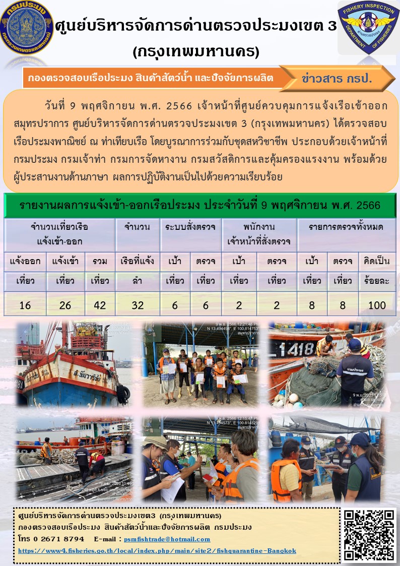 ประชาสัมพันธ์ศูนย์บริหารจัดการด่านตรวจประมงเขต 3 (กรุงเทพมหานคร) ประจำวันที่ 10 พฤศจิกายน 2566..คลิก