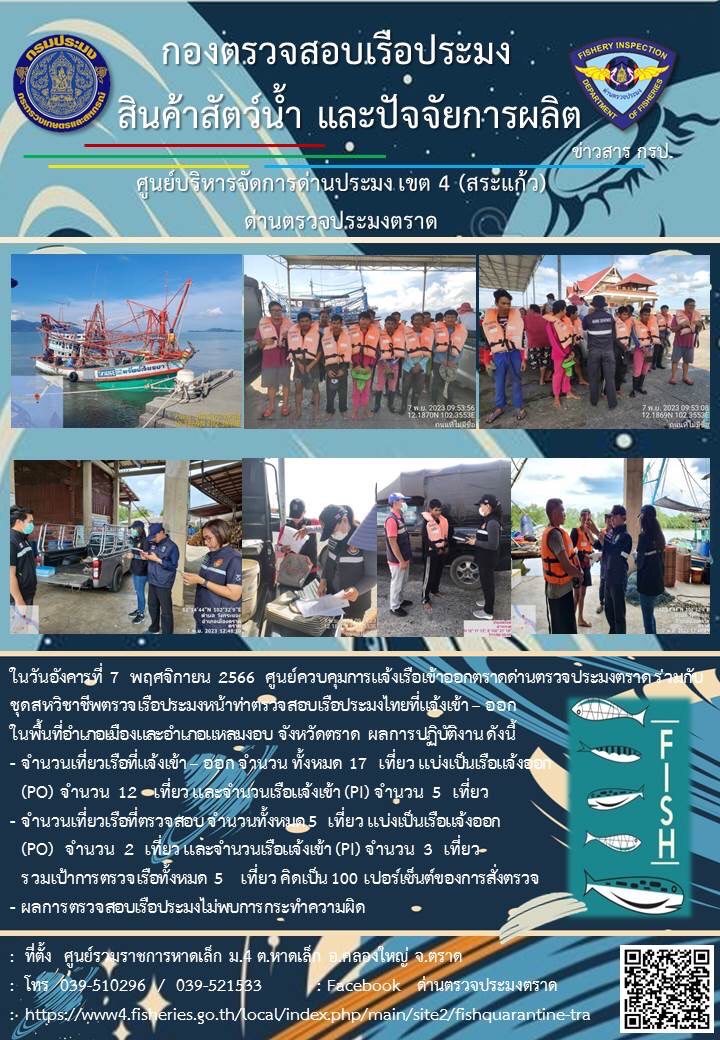 ผลการปฏิบัติงานของศูนย์ควบคุมการแจ้งเรือเข้าออกตราด ด่านตรวจประมงตราด ประจำวันที่ 7 พฤศจิกายน 2566..คลิก