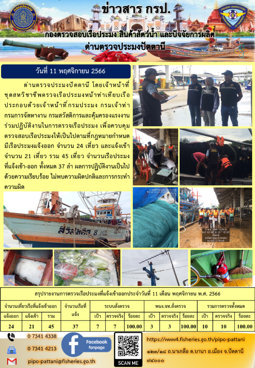 ข่าวสารการปฏิบัติงาน ด่านตรวจประมงปัตตานี วันที่ 11 พฤศจิกายน 2566..คลิก