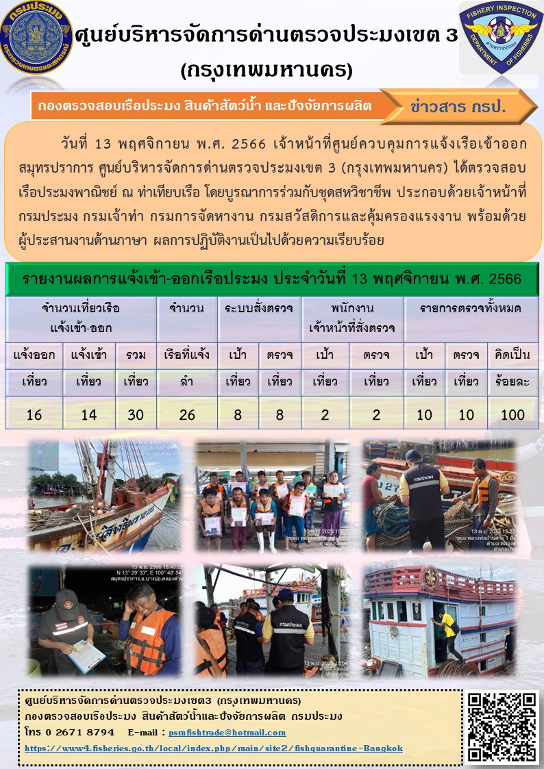 ประชาสัมพันธ์ศูนย์บริหารจัดการด่านตรวจประมงเขต 3 (กรุงเทพมหานคร) ประจำวันที่ 14 พฤศจิกายน 2566..คลิก