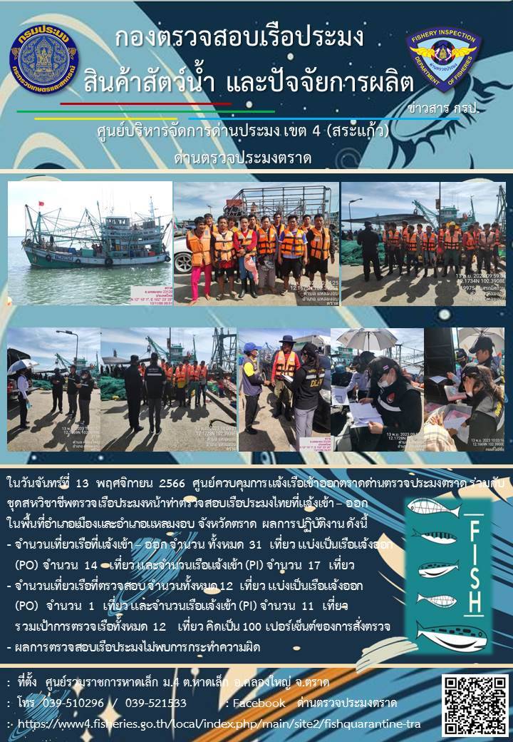 ผลการปฏิบัติงานของศูนย์ควบคุมการแจ้งเรือเข้าออกตราด ด่านตรวจประมงตราด ประจำวันที่ 13 พฤศจิกายน 2566..คลิก
