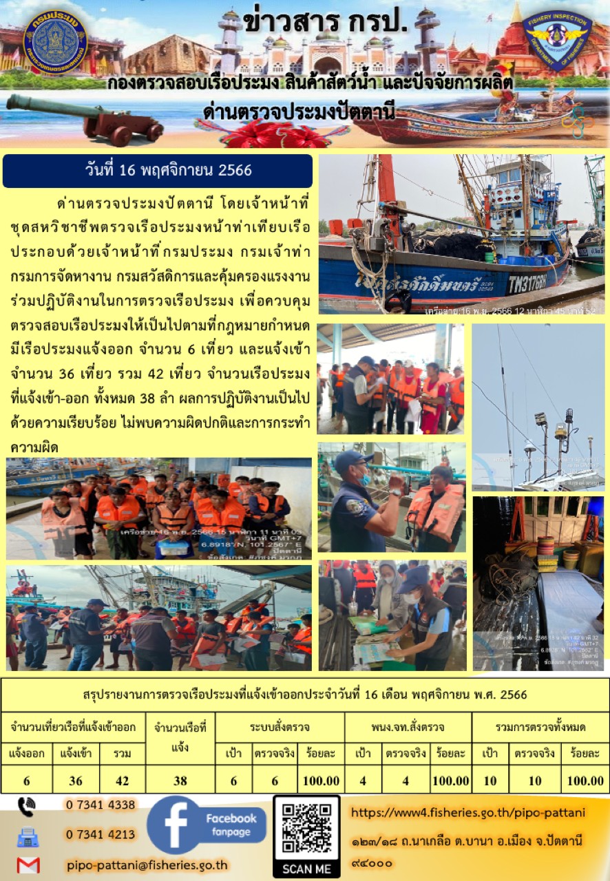 ข่าวสารการปฏิบัติงาน ด่านตรวจประมงปัตตานี วันที่ 16 พฤศจิกายน 2566..คลิก