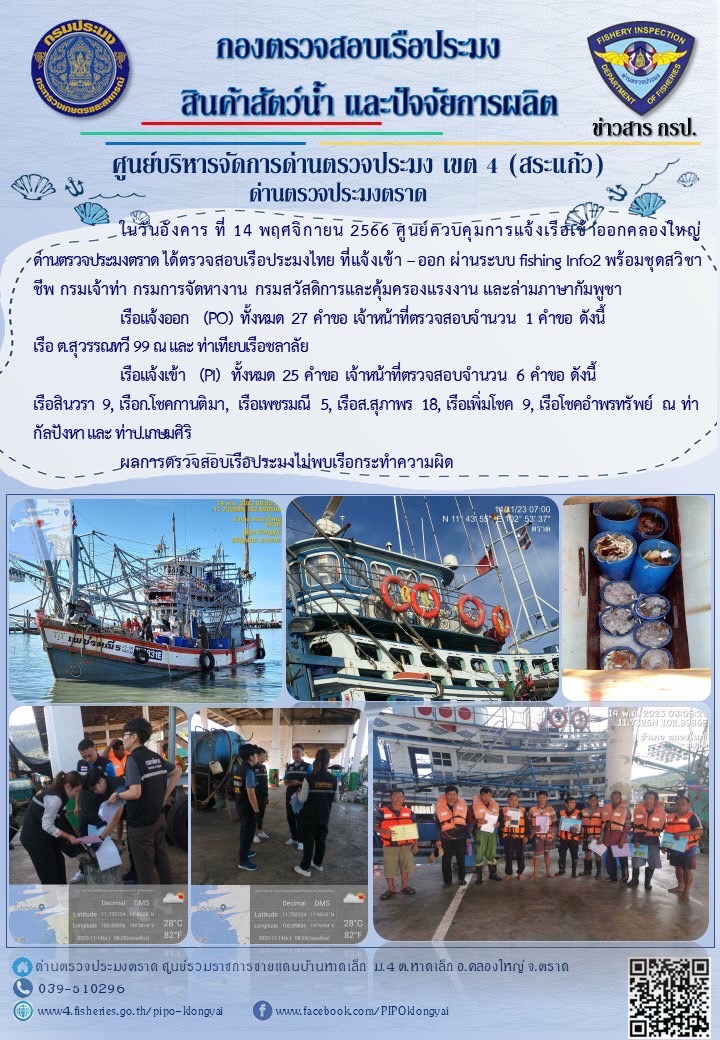 ผลการปฏิบัติงานของศูนย์ควบคุมการแจ้งเรือเข้าออกคลองใหญ่ ด่านตรวจประมงตราด ประจำวันที่ 14 พฤศจิกายน 2566..คลิก