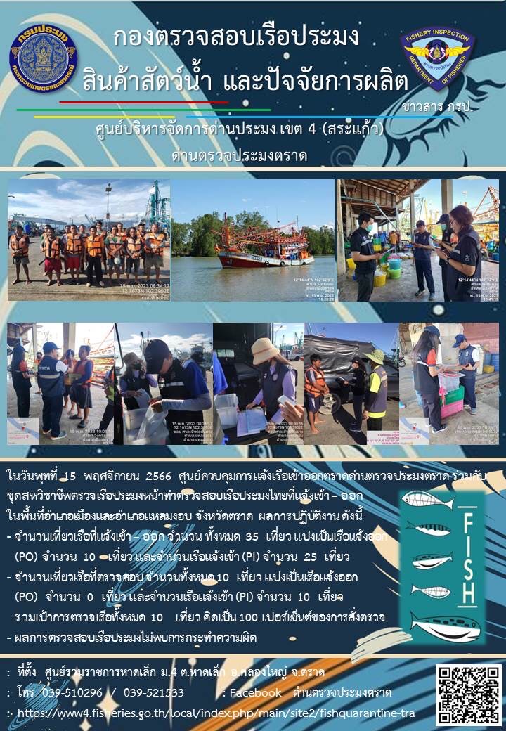 ผลการปฏิบัติงานของศูนย์ควบคุมการแจ้งเรือเข้าออกตราด ด่านตรวจประมงตราด ประจำวันที่ 15 พฤศจิกายน 2566..คลิก