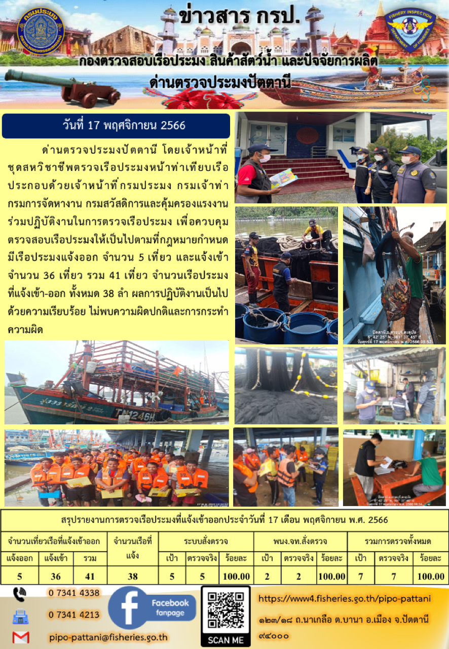 ข่าวสารการปฏิบัติงาน ด่านตรวจประมงปัตตานี วันที่ 17 พฤศจิกายน 2566..คลิก