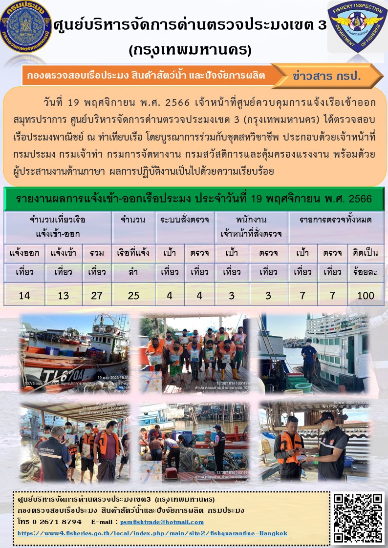 ประชาสัมพันธ์ศูนย์บริหารจัดการด่านตรวจประมงเขต 3 (กรุงเทพมหานคร) ประจำวันที่ 20 พฤศจิกายน 2566..คลิก