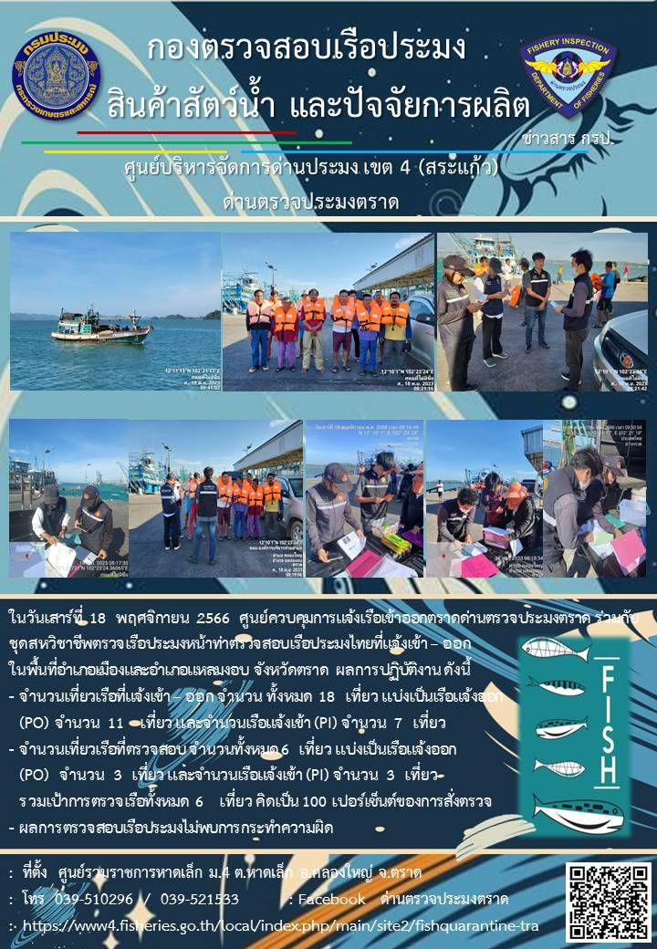 ผลการปฏิบัติงานของศูนย์ควบคุมการแจ้งเรือเข้าออกตราด ด่านตรวจประมงตราด ประจำวันที่ 18 พฤศจิกายน 2566..คลิก