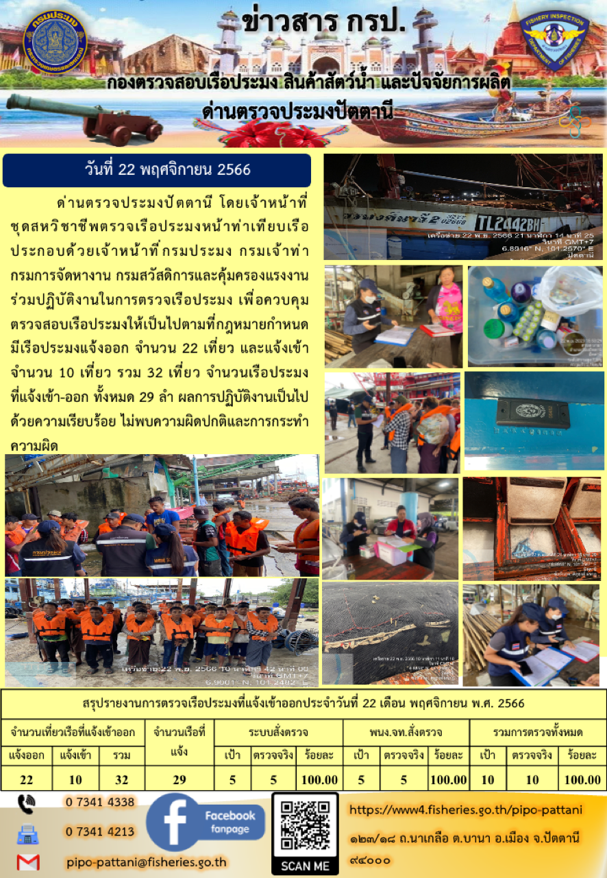 ข่าวสารการปฏิบัติงาน ด่านตรวจประมงปัตตานี วันที่ 22 พฤศจิกายน 2566..คลิก
