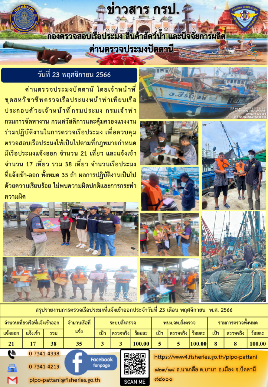 ข่าวสารการปฏิบัติงาน ด่านตรวจประมงปัตตานี วันที่ 23 พฤศจิกายน 2566..คลิก