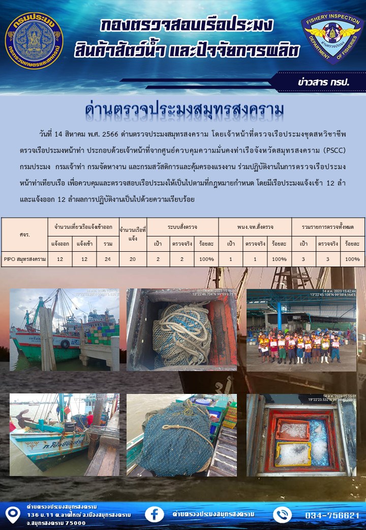 สถิติการแจ้งเข้า - ออกเรือประมงพาณิชย์ ด่านตรวจประมงสมุทรสงคราม ประจำวันที่ 14 สิงหาคม 2566..คลิก
