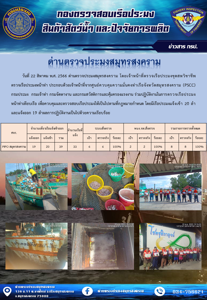 สถิติการแจ้งเข้า - ออกเรือประมงพาณิชย์ ด่านตรวจประมงสมุทรสงคราม ประจำวันที่ 22 สิงหาคม 2566..คลิก