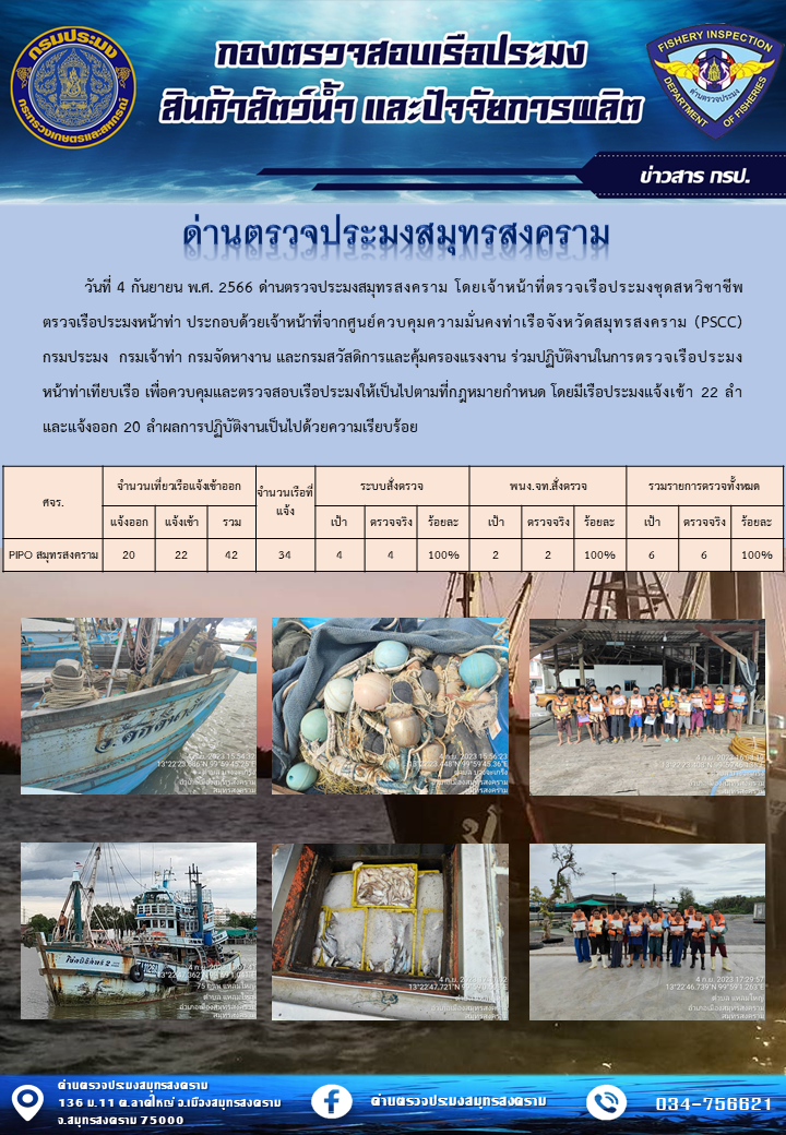 สถิติการแจ้งเข้า - ออกเรือประมงพาณิชย์ ด่านตรวจประมงสมุทรสงคราม ประจำวันที่ 4 กันยายน 2566..คลิก