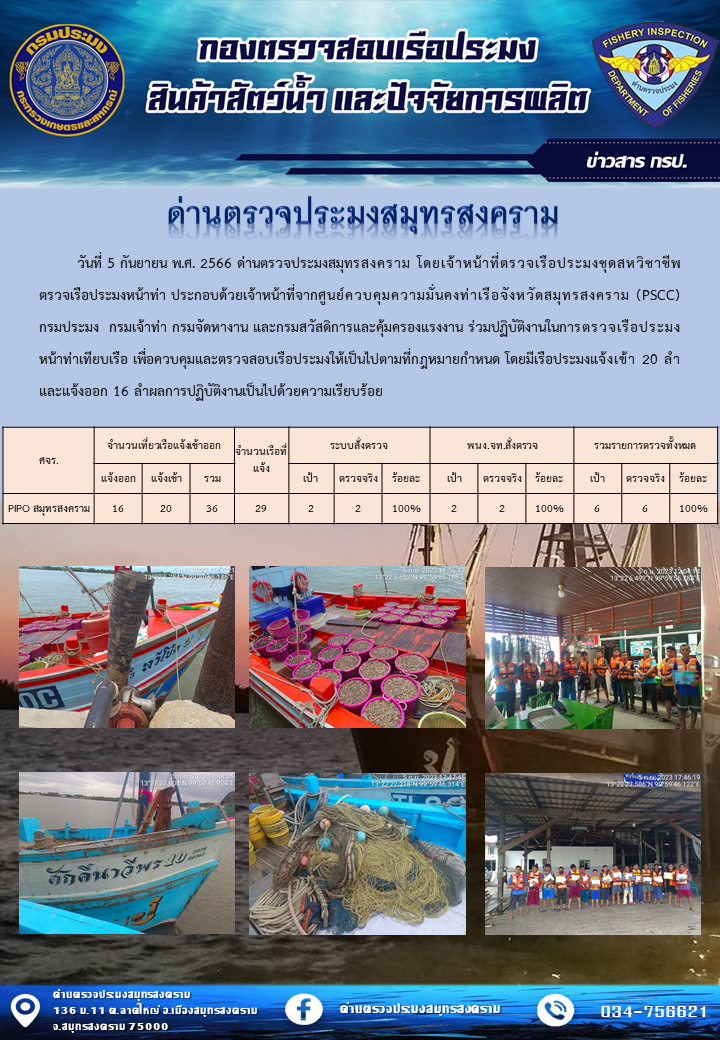 สถิติการแจ้งเข้า - ออกเรือประมงพาณิชย์ ด่านตรวจประมงสมุทรสงคราม ประจำวันที่ 5 กันยายน 2566..คลิก