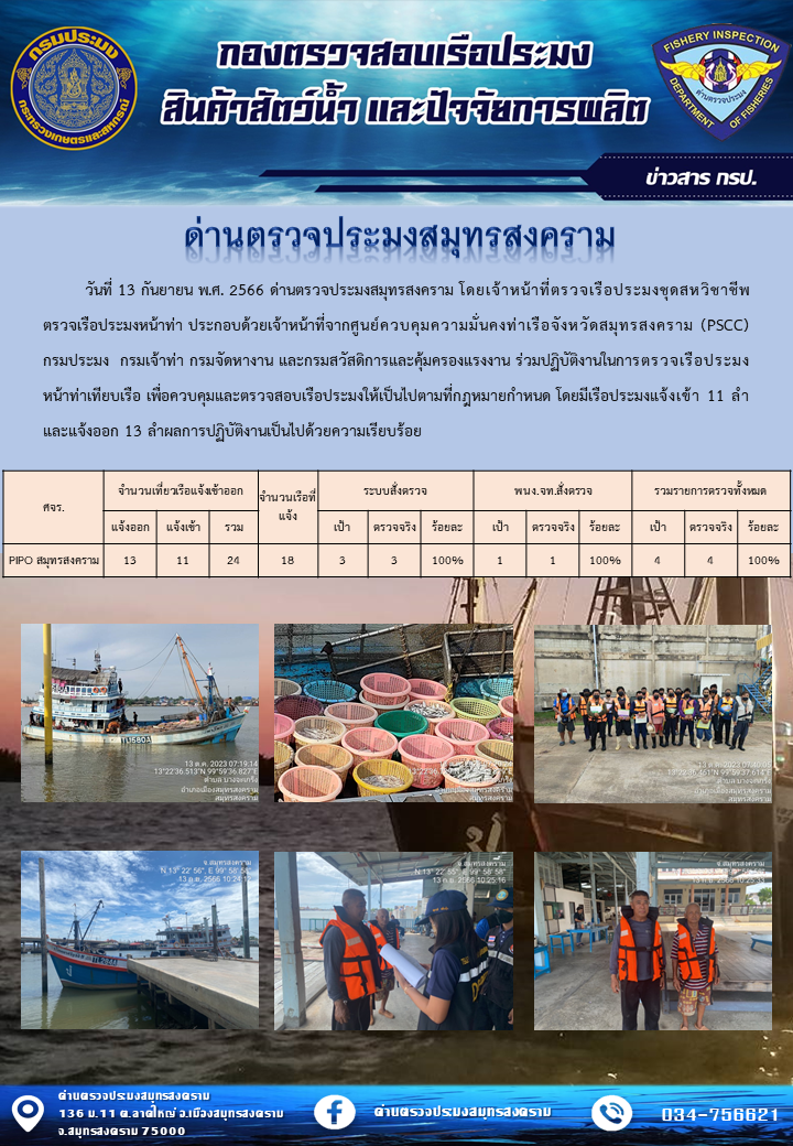 สถิติการแจ้งเข้า - ออกเรือประมงพาณิชย์ ด่านตรวจประมงสมุทรสงคราม ประจำวันที่ 13 กันยายน 2566..คลิก