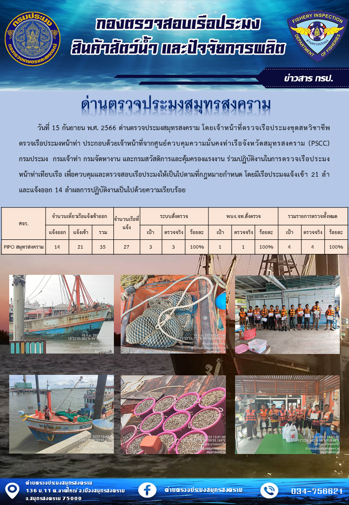 สถิติการแจ้งเข้า - ออกเรือประมงพาณิชย์ ด่านตรวจประมงสมุทรสงคราม ประจำวันที่ 15 กันยายน 2566..คลิก