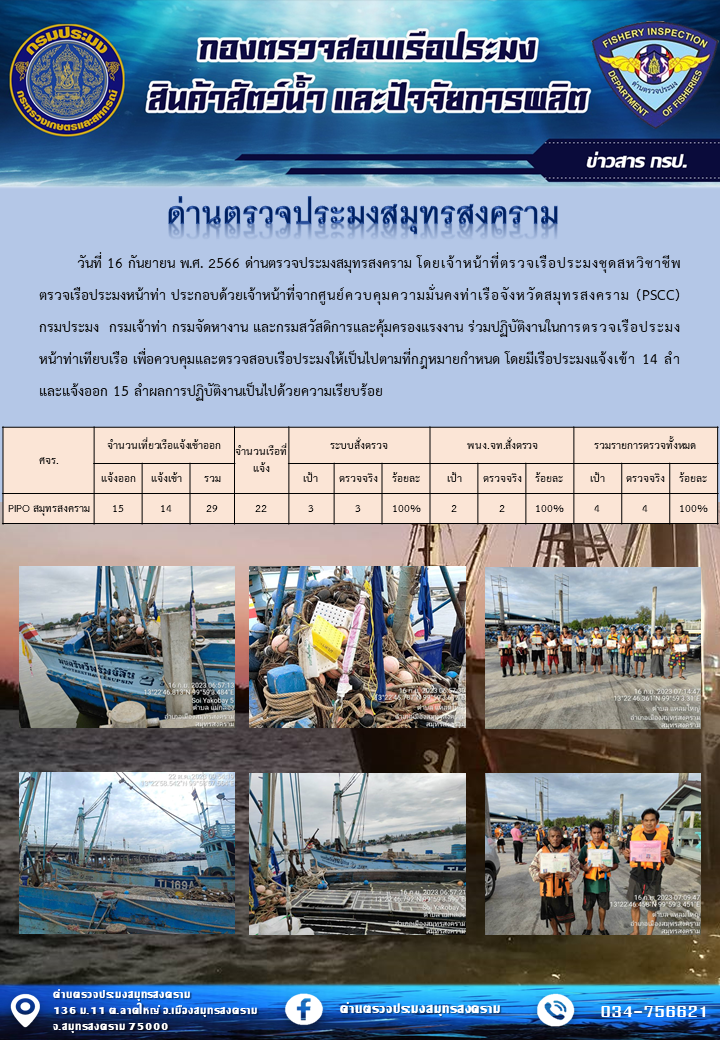 สถิติการแจ้งเข้า - ออกเรือประมงพาณิชย์ ด่านตรวจประมงสมุทรสงคราม ประจำวันที่ 16 กันยายน 2566..คลิก