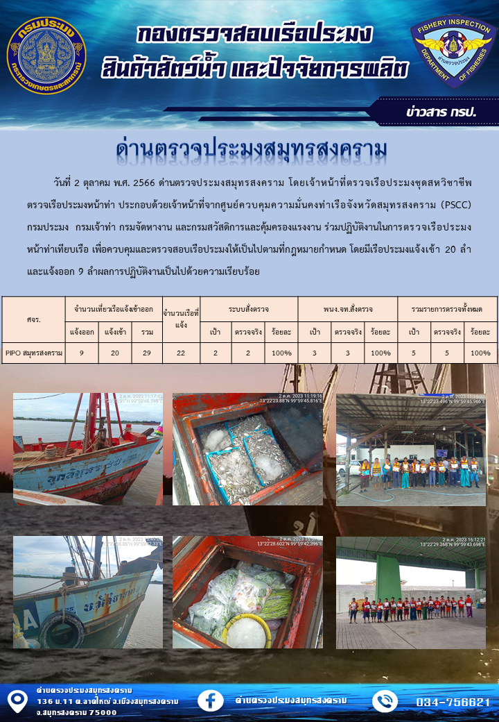 สถิติการแจ้งเข้า - ออกเรือประมงพาณิชย์ ด่านตรวจประมงสมุทรสงคราม ประจำวันที่ 2 ตุลาคม 2566..คลิก