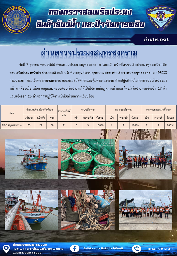 สถิติการแจ้งเข้า - ออกเรือประมงพาณิชย์ ด่านตรวจประมงสมุทรสงคราม ประจำวันที่ 7 ตุลาคม 2566..คลิก