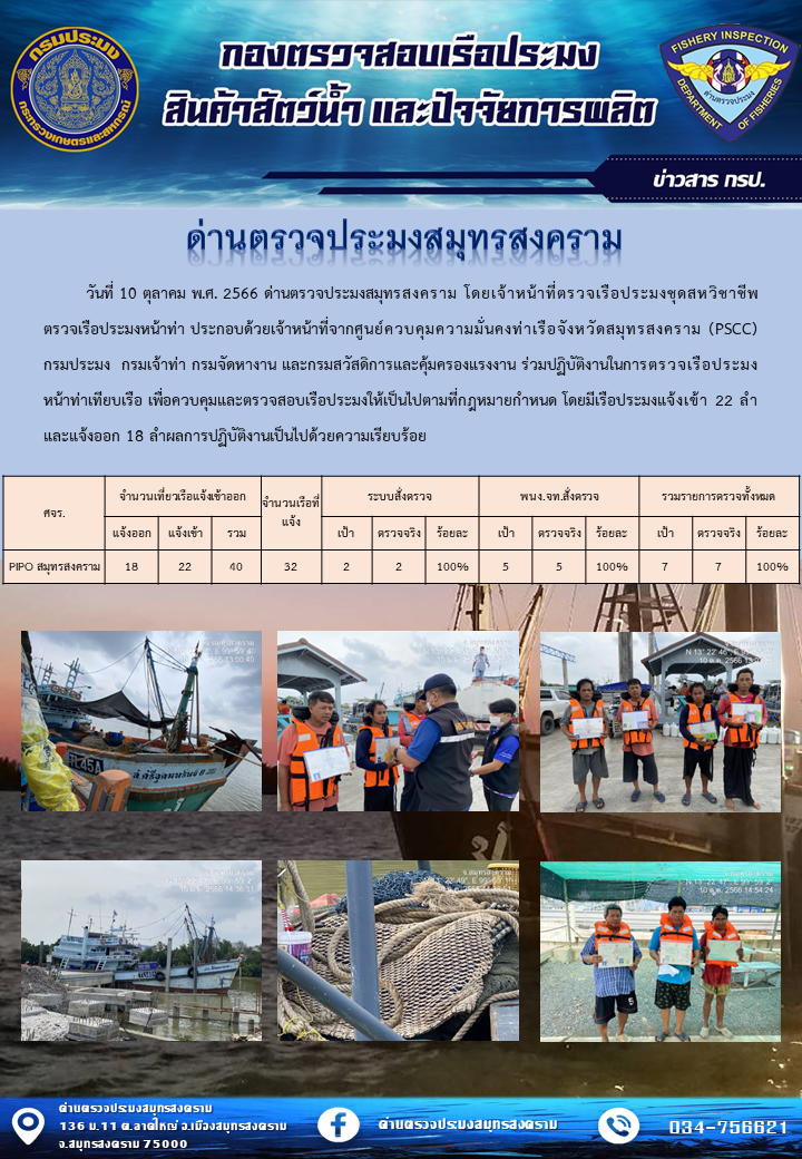 สถิติการแจ้งเข้า - ออกเรือประมงพาณิชย์ ด่านตรวจประมงสมุทรสงคราม ประจำวันที่ 10 ตุลาคม 2566..คลิก