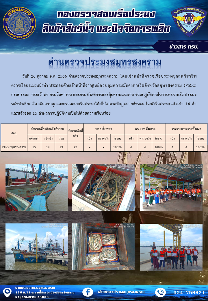 สถิติการแจ้งเข้า - ออกเรือประมงพาณิชย์ ด่านตรวจประมงสมุทรสงคราม ประจำวันที่ 26 ตุลาคม 2566..คลิก