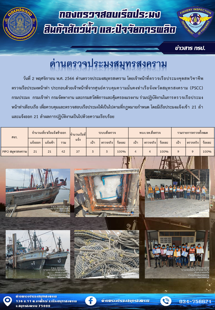 สถิติการแจ้งเข้า - ออกเรือประมงพาณิชย์ ด่านตรวจประมงสมุทรสงคราม ประจำวันที่ 2 พฤศจิกายน 2566..คลิก