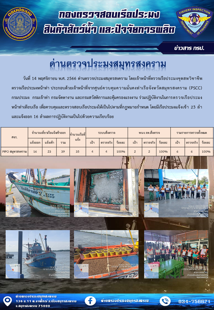 สถิติการแจ้งเข้า - ออกเรือประมงพาณิชย์ ด่านตรวจประมงสมุทรสงคราม ประจำวันที่ 14 พฤศจิกายน 2566..คลิก